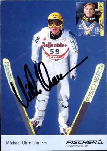 Ak Skispringer Michael Uhrmann, Portrait im Sprung, Autogramm