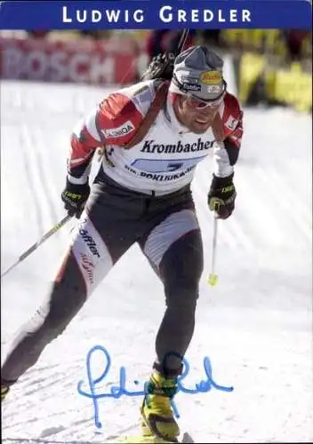 Ak Biathlet Ludwig Gredler, Portrait im Lauf, Autogramm