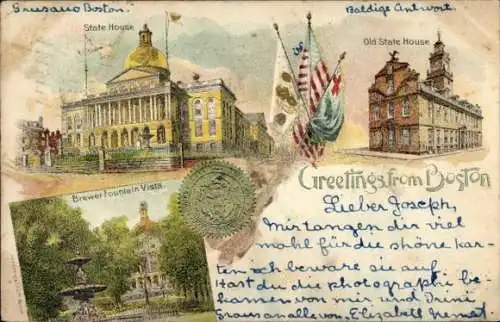 Ak Boston Massachusetts USA, State House, Old State House, Brewer Fountain Vista, Illustration...