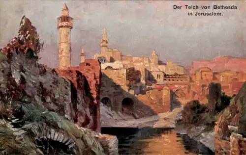 Künstler Ak Jerusalem Israel, Der Teich von Bethesda, Minarette