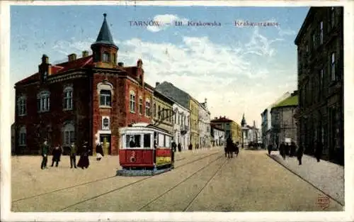 Ak Tarnów Tarnau Polen, Ul. Krakowska, Krakauergasse, Straßenbahn 3