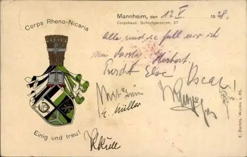 Studentika Ak Mannheim, Corps Rheno Nicaria, Corpshaus Schlossgartenstr. 27, Wappen, RSC