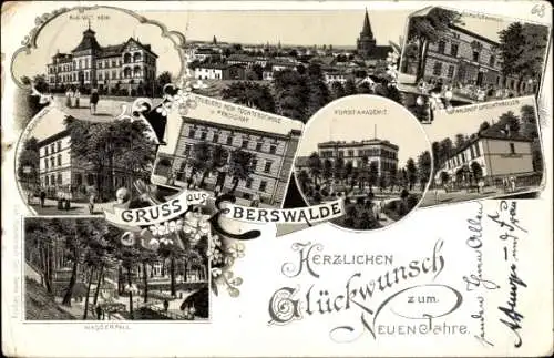 Litho Eberswalde in der Mark, Forst-Akademie, Wasserfall, Töchterschule, Pensionat, Neujahr