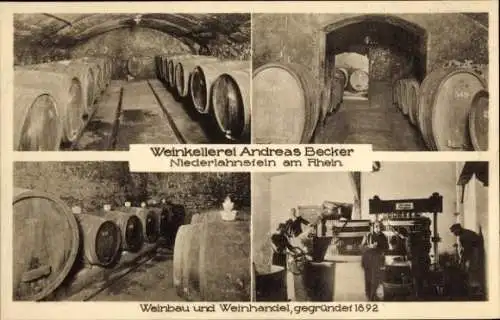 Ak Niederlahnstein Lahnstein im Rhein Lahn Kreis, Weinkellerei Andreas Becker, Weinbau, Weinhandel