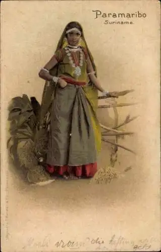 Litho Paramaribo Suriname, Frau in Tracht, Einheimische