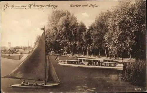 Ak Berlin Köpenick Müggelheim, Gastwirtschaft Krampenburg, Boote