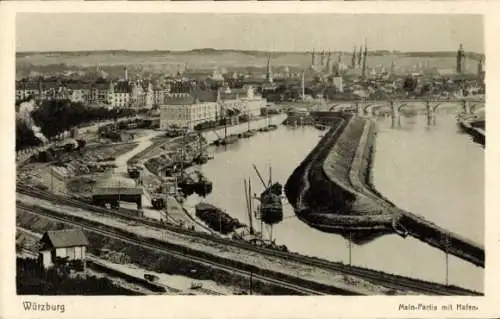 Ak Würzburg am Main Unterfranken, Mainpartie mit Hafen