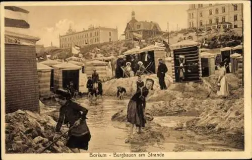 Ak Nordseebad Borkum in Ostfriesland, Burgbauen am Strande