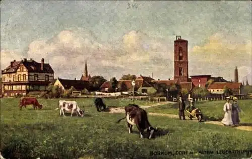 Künstler Ak Insel Borkum Ostfriesland, Dorf, Alter Leuchtturm, Kuhweide