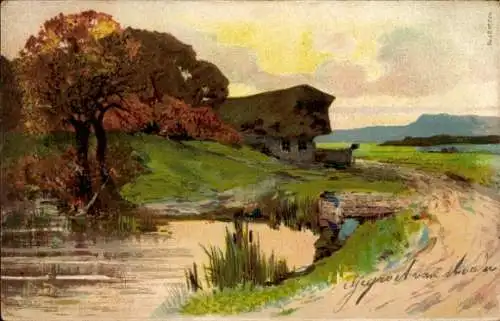 Litho Teich, Straße, Wohnhaus, Blühender Baum