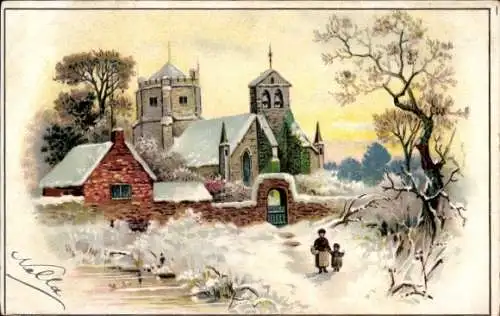 Litho Frau mit Kind, Winter, Schnee, Kirche