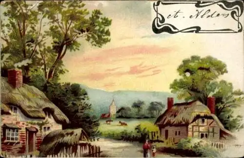 Litho Dorf, Wohnhäuser, Kirche, Kirchturm