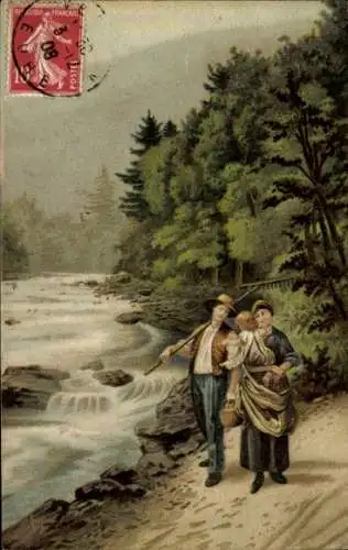 Ak Frankreich, Frau mit Kind, Bauer mit Harke, Fluss, Wald