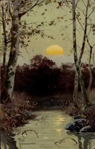 Künstler Litho Kömmerer, R., Sonnenaufgang, Fluss, Birken