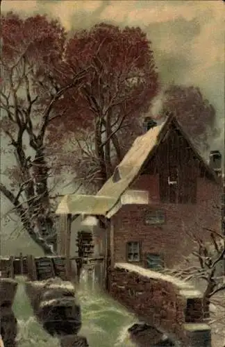 Litho Wassermühle, Fluss, Bäume