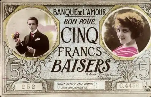 Passepartout CPA Banque de l'Amour bon pour Cinqu Francs Baisers, Portraits