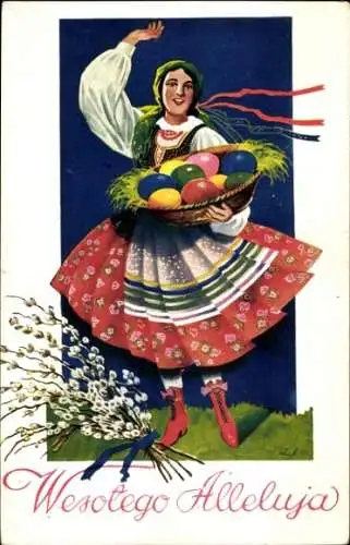 Künstler Ak Stefanski, Glückwunsch Ostern, Frau in Tracht, Ostereier, Weidenkätzchen