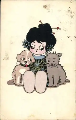 Ak Mädchen mit Hund und Katze