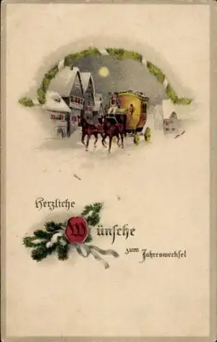 Präge Ak Fröhliches Neujahr, Winterliche Straße, Postkutsche