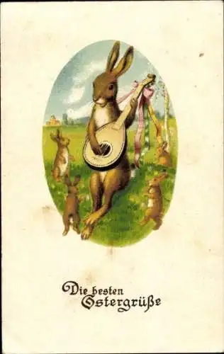 Ak Frohe Ostern, Osterhase mit Mandoline, kleine Hasen