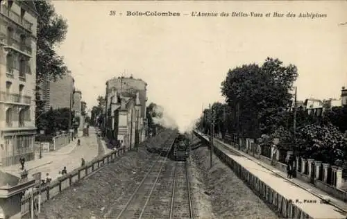 Ak Bois Colombes Hauts de Seine, L'Avenue des Belles-Vues, Rue des Aubepines, Dampflok