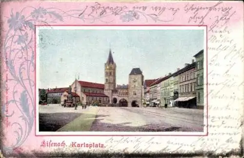 Passepartout Ak Eisenach Thüringen, Blick auf den Karlsplatz mit Denkmal, Läden