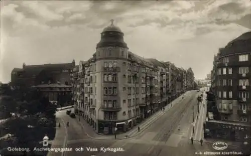 Ak Göteborg Schweden, Aschebergsgatan, Vasa Kyrkogata, Architektur, Stadtansicht