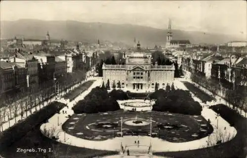 Ak Zagreb Kroatien,  Trg I., Stadtansicht, Gebäude, Bäume und Parkanlage