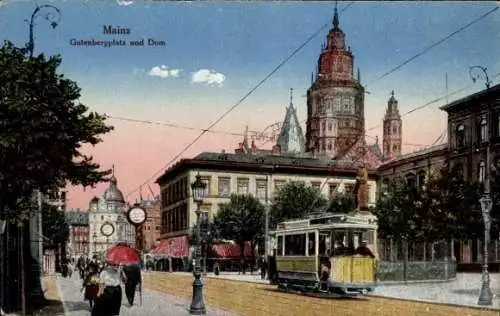 Ak Mainz am Rhein, Gutenbergplatz und Dom, Straßenbahn 38