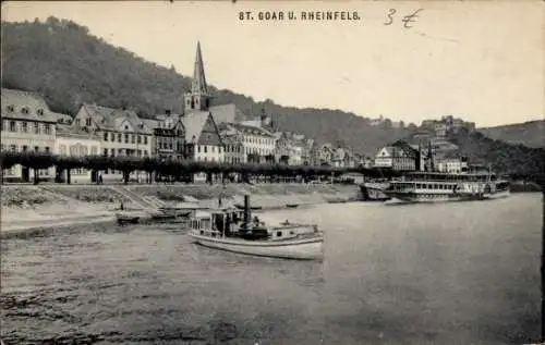 Ak St. Goar am Rhein, Burg Rheinfels, Flusslandschaft, Stadtansicht, Kirchen, Schiffe