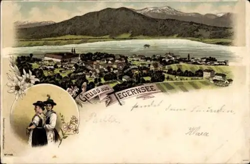 Litho Tegernsee im Kreis Miesbach Oberbayern, Ortschaft mit Landschaftsblick, Frauen in Tracht