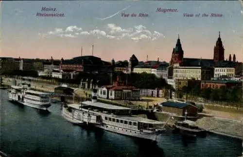 Ak Mainz am Rhein, Blick auf den Rhein, Schiffe im Vordergrund, städtische Architektur im Hint...