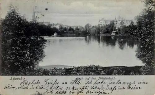 Ak Hansestadt Lübeck,  Mühlenteich, Wasserlandschaft, Architektur