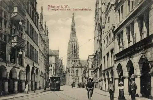 Ak Münster Westfalen, Prinzipalmarkt, Lambertikirche, Geschäft L. A. Brinckmann, Straßenbahn