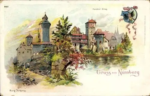 Litho Nürnberg in Mittelfranken Bayern, Burg Aufgang, Henkersteg, Turm, Wasser, Wappen