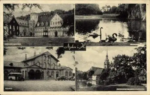 Ak Itzehoe in Holstein, Kirche, Schloss, Bahnhof, Schwäne auf dem See