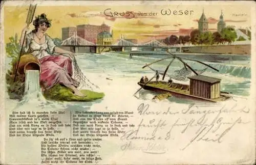 Litho Hameln an der Weser Niedersachsen, Wesermühlen, Fischerboot, Weserlied