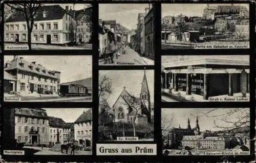 Ak Prüm in Rheinland Pfalz, Hahnstraße, Bahnhof, Markt, Kirche, Abtei, Grab v Kaiser Lothar, Ritzstr