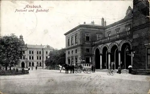 Ak Ansbach, Postamt und Bahnhof, Kutschen