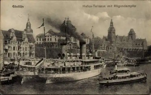 Ak Szczecin Stettin Pommern, Hafen-Terrasse, Rügendampfer, Stadtansicht, historische Architektur