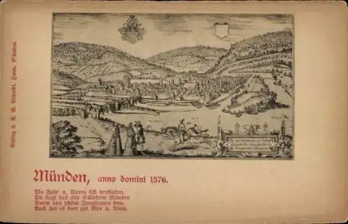 Ak Hann. Münden in Niedersachsen, Historische Darstellung von  Jahr 1576, landschaftliche Szen...