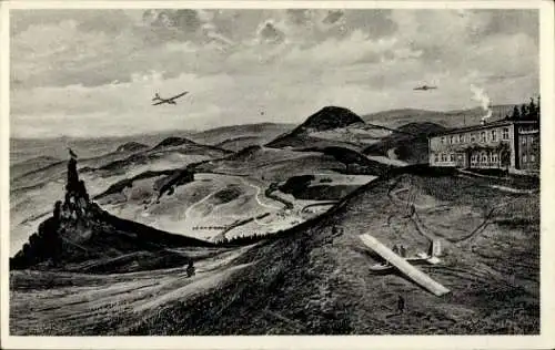 Ak BERG WASSERKUPPE befindet sich in Gersfeld, Blick von Berggasthof, Berglandschaft, Flugzeug...