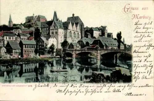 Ak Marburg an der Lahn, Historische Stadtansicht, Fluss mit Boot, Brücke, Gebäude, Bergkulisse