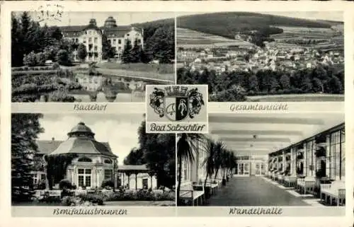 Ak Bad Salzschlirf in Hessen, Kuranlage, Teich, Gesamtansicht, Bonifatiusbrunnen, Wandelhalle