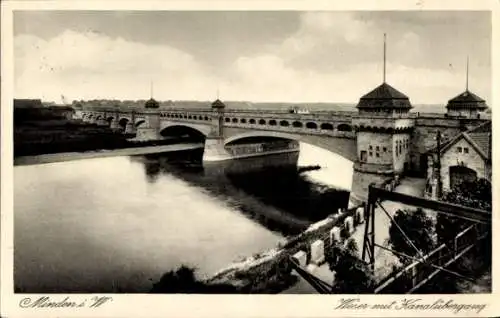 Ak Minden in Ostwestfalen Lippe, Weser mit Kanalübergang, Brücke