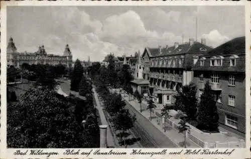 Ak Bad Wildungen in Hessen, Sanatorium Helenenquelle, Hotel Fürstenhof, Bäume, Straße, Wolken