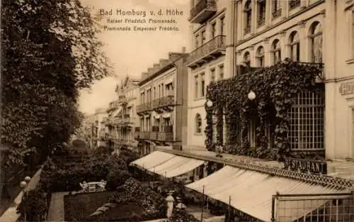 Ak Bad Homburg vor der Höhe Hessen, Straße mit Gebäuden, Restaurant, Promenade, Bäume