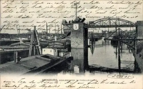 Ak Duisburg im Ruhrgebiet, Kohlenkipper im Parallelhafen, Hafenansicht, historische Postkarte