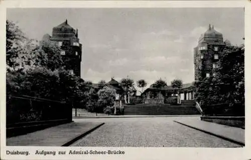 Ak Duisburg im Ruhrgebiet, Aufgang zur Admiral-Scheer-Brücke, historische Architektur, Bäume, ...