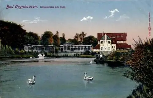 Ak Bad Oeynhausen in Westfalen,  Restaurant am Siel, zwei Schwäne, teils bewaldete Landschaft